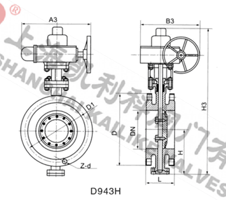 D943H電動金屬硬密封法蘭蝶閥外形結構圖