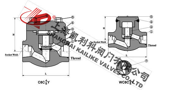 H11Y、H11H內螺紋鍛鋼止回閥外形結構圖