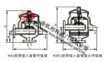 HX3帶吸入接管呼吸閥、HXF3帶吸入接管阻火呼吸閥外形結構圖