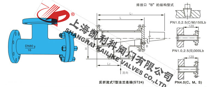 不銹鋼T型過濾器反折流外形結構圖