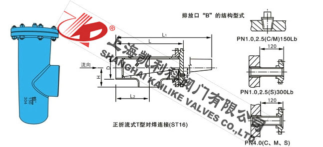 ST16對焊連接直流式T型過濾器正折流外形結構圖